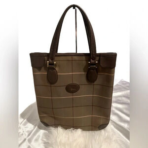 Burberry vintage classic plaid canvas tote‎ with leather trim w/coa